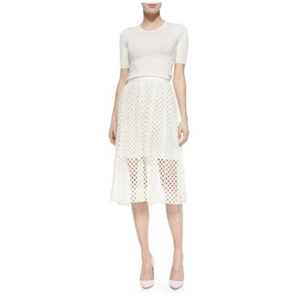 Lela Rose White Netted Overlay Midi Full Skirt Sz 4 S Mesh - Picture 1 of 8